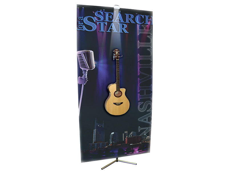 SPRINT Telescopic Banner Stand - Shown with Optional Fixture Adapter - Shown with double pronged hook that can be used with the Fixture Adaptor (requires slit cut through graphic) -
Guitar (not included) shown hanging from double pronged hook.